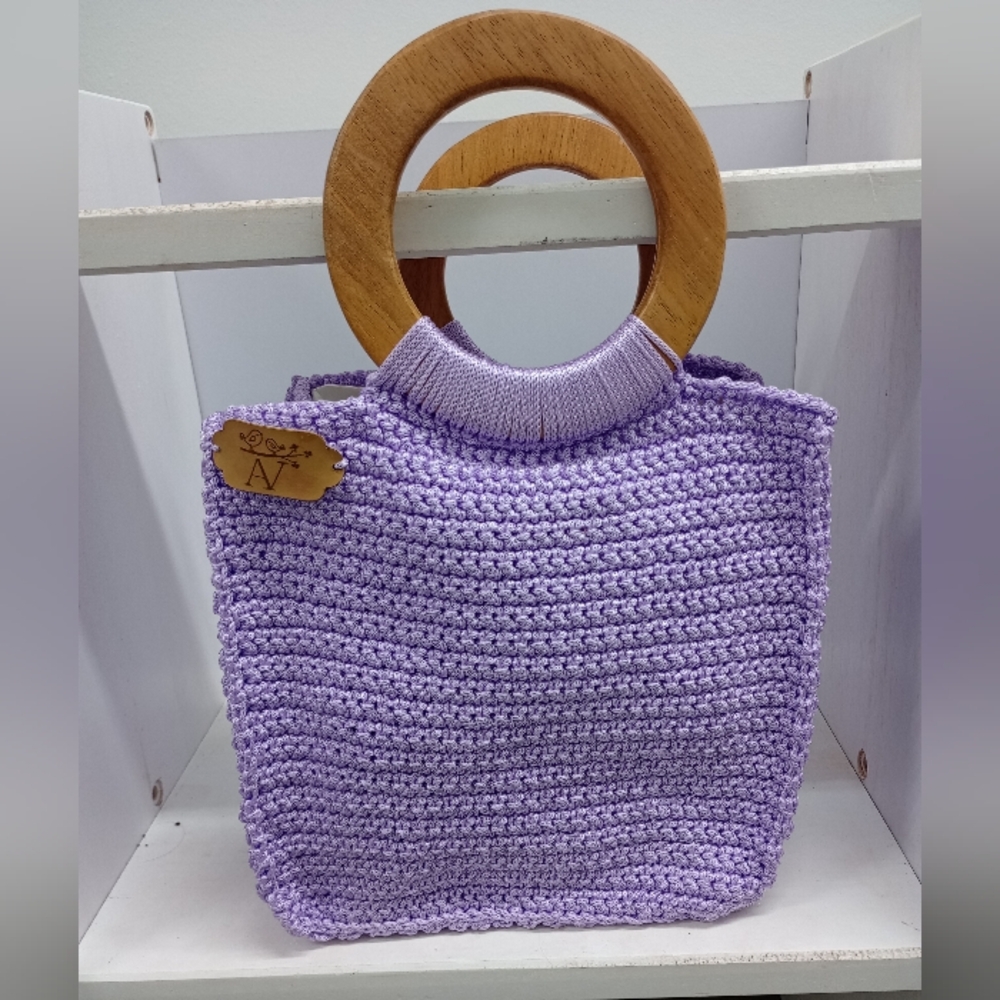 Lavender Knit Handbag with Wooden Handles